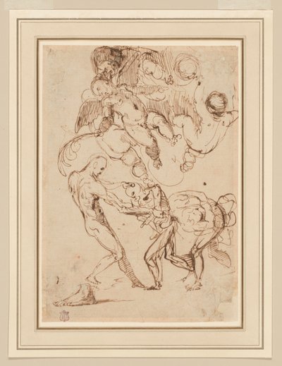 Estudio de figuras masculinas atadas siendo maltratadas, y varios putti, uno sosteniendo una palma de Italian School