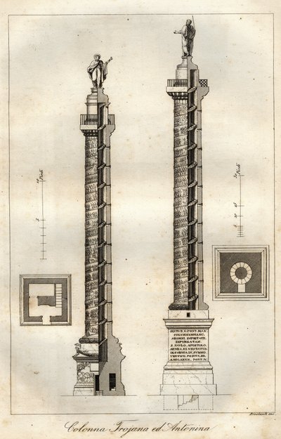 Diagrama de sección transversal de la Columna de Trajano (Columna Trajana) (113 CE) y la Columna de Antonino Pío (161 CE) en Roma - grabado de "Usi e Costumi di Tutti i Popoli dell
