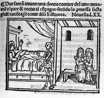 Un hombre enamorado de la esposa de su amigo lo reemplaza en el hogar matrimonial cuando él muere. Ilustración para la noticia 70 (Noticia 10 del sexto día) del “Decamerón” de Giovanni Boccaccio (1313-1375). Grabado en “Decamerone ouer Cento nouelle” Venec de Italian School