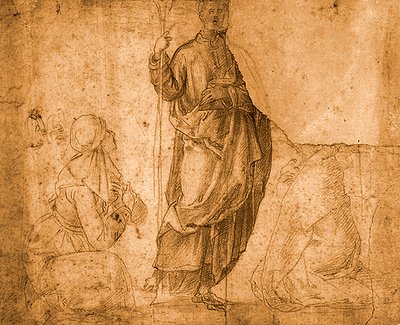 Un santo con dos mujeres arrodilladas (tiza roja sobre papel) de Italian School
