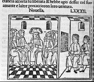 Una historia de amor de una monja. Ilustración para la noticia 82 (Noticia 2 del noveno día) del “Decamerón” de Giovanni Boccaccio (1313-1375). Grabado en “Decamerone ouer Cento nouelle” Venecia, Bartolomeo de 