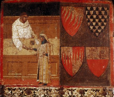 Un recaudador de impuestos y un contribuyente. Pintura anónima sobre madera decorando una Biccherna (cubierta del registro contable de la ciudad de Siena) de 1340. Archivo Nacional - Museo delle Tavolette de Bicherna, Siena de Italian School