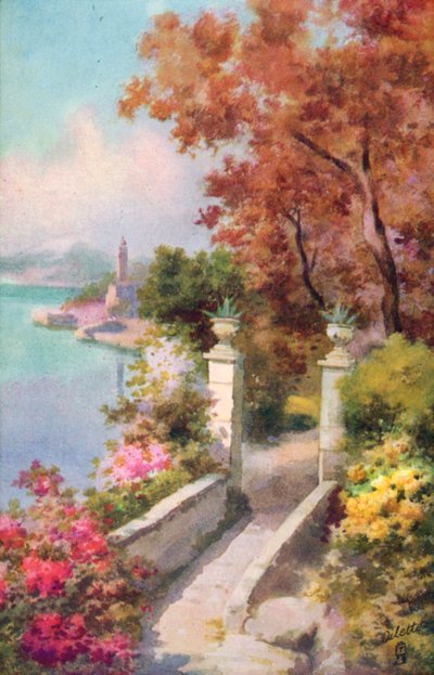 Una villa en el Lago Mayor, Italia (litografía en color) de Italian School