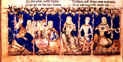 Add.12228 fol.222v Una reina escucha música, del Roman du Roy Meliadus de Leonnoys, c.1352 (vitela) de Italian School