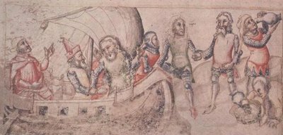 Añadir 15477 fol.2v Jason parte en su viaje, del "Liber de Casu et Ruina Trojae" de Guido de Columnis (vitela) de Italian School