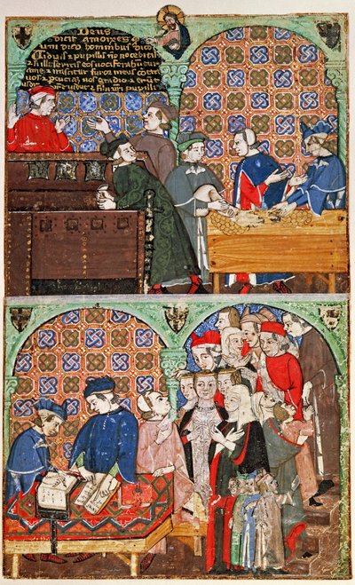 Añadir 27695 f.8 Contar dinero y pagar salarios, del Tratado de los vicios (vitela) de Italian School