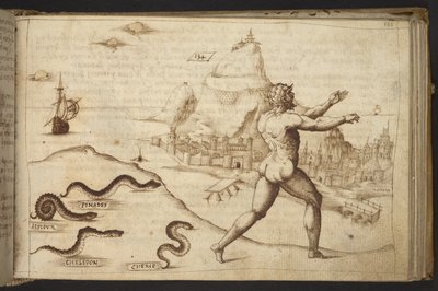 Agregar. 82955, f.133   Serpientes persiguiendo una figura humana.  , de Historia Animalium, (que consta de 245 dibujos a pluma y tinta de diferentes especies de animales y criaturas míticas, cada uno acompañado de una descripción).    1595 de Italian School