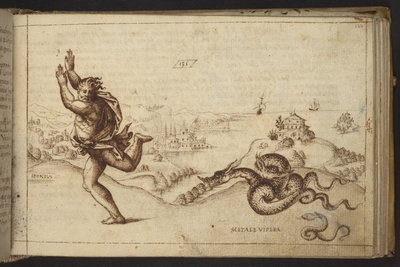Agregar. 82955, f.134 Figura humana perseguida por serpientes., de Historia Animalium de Italian School