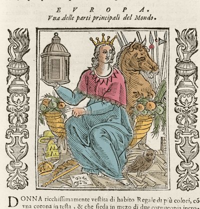 Alegoría de Europa en forma de una mujer ricamente vestida, coronada, rodeada de cuernos de la abundancia. Placa tomada de “Iconologia” de Cesare Ripa (1550-1622). de Italian School