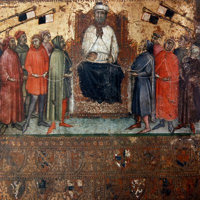 Alegoría del gobierno de la ciudad de Siena rodeada de ciudadanos que están simbólicamente ligados a ella por una cuerda. Pintura anónima sobre madera de una Biccherna (cubierta del registro contable de la ciudad de Siena) 1385. Siena Archivio di Stato, It de Italian School