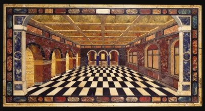 Mesa de mármol italiano pietre dure con escena interior de una galería con arcadas de Italian School