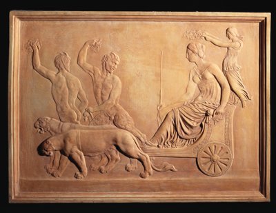 Panel de relieve de terracota italiana que representa el Triunfo de Ariadna, mostrado en el carro tirado por panteras de Baco con Sileno y Pan observando, c.1870 de Italian School
