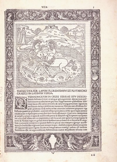 Página ilustrada de una edición latina de las "Vidas Paralelas" de Plutarco, que representa a Teseo luchando contra un centauro de Italian School
