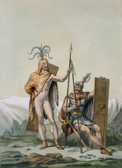 Guerreros Celtas Antiguos vestidos para la batalla, c.1800-18 de Italian School