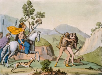 Antiguos guerreros celtas en una incursión se encuentran con una pareja de caza, c.1800-18 (grabado en color) de Italian School