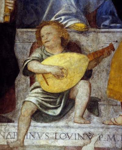 Ángel músico tocando el laúd. (detalle) de un fresco del siglo XVII de una iglesia en Milán. de Italian School