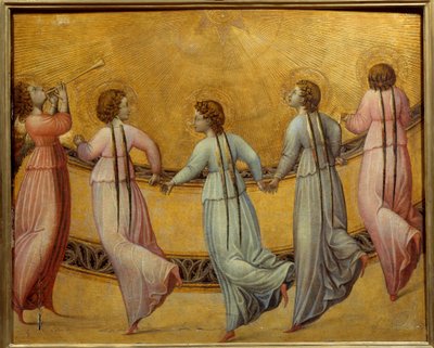 Ángeles bailando frente al sol. Ronda de ángeles sobre fondo dorado cogidos de la mano. Pintura anónima de la Escuela Italiana de Italian School