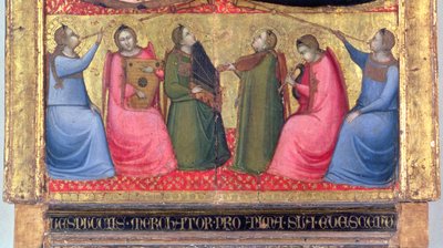 Ángeles tocando instrumentos musicales, (detalle) de un panel de predela de un retablo, florentino de Italian School