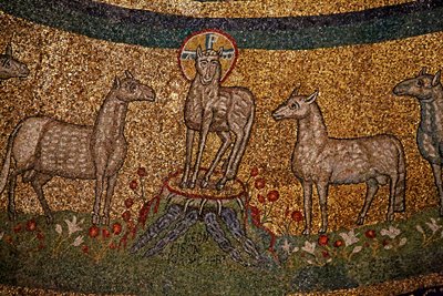 Mosaico del ábside con Cristo como el Cordero Pascual y ovejas de Italian School