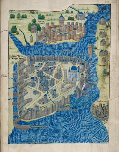Arundel 93 fol.155 Mapa de Constantinopla y Pera, del "Liber Insularum Cycladum" de Cristoforo Buondelmonti (c.1385-c.1430), c.1485 (vitela) de Italian School