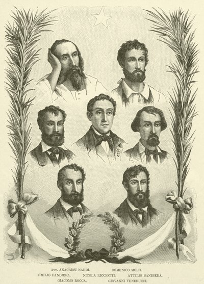 Avv Anacarsi Nardi, Domenico Moro, Emilio Bandiera, Nicola Ricciotti, Attilio Bandiera, Giacomo Rocca, Giovanni Venerucci (grabado) de Italian School
