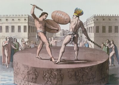 Guerreros aztecas en combate en un Cuauhxicalli, c.1820 de Italian School