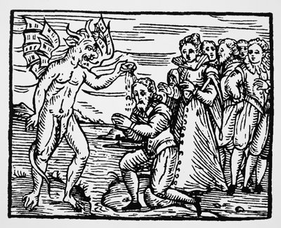 Bautismo por el diablo, copia de una ilustración del Compendium Maleficarum por Fr M Guaccius, Milán 1608, usada en Historia de la Magia, publicada a finales del siglo XIX de Italian School