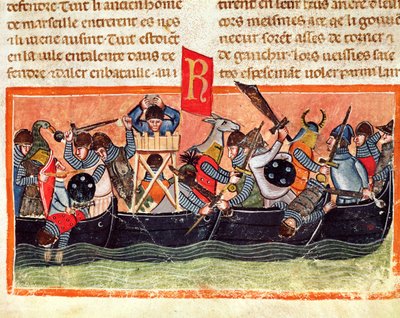 Batalla entre romanos y galos, de Le Vite di Dodici Cesari por Gayo Suetonio Tranquilo (c.75-150) de Italian School