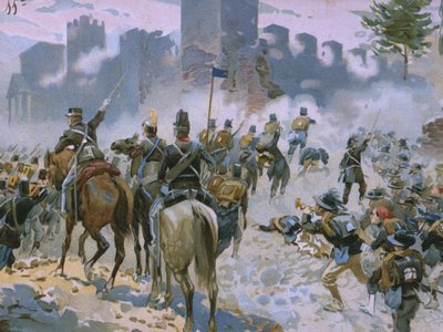 Batalla de Solferino y San Martino, 24 de junio de 1859, ilustración de un álbum sobre la historia del Risorgimento hecho para el chocolate Talmone, finales del siglo XIX de Italian School