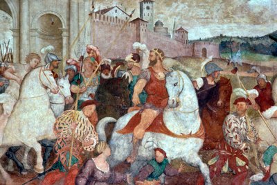 Escena de batalla fuera de las murallas de la ciudad, hacia 1460 (fresco) de Italian School