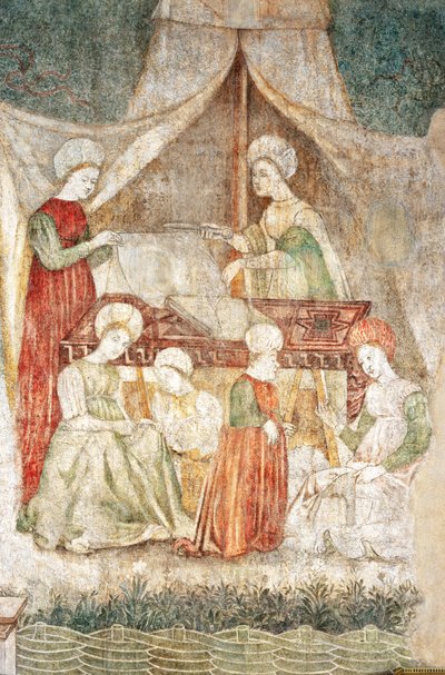 Bicocca degli Arcimboldi: fresco del siglo XV, detalle del corte de telas y de un enano (fresco) de Italian School