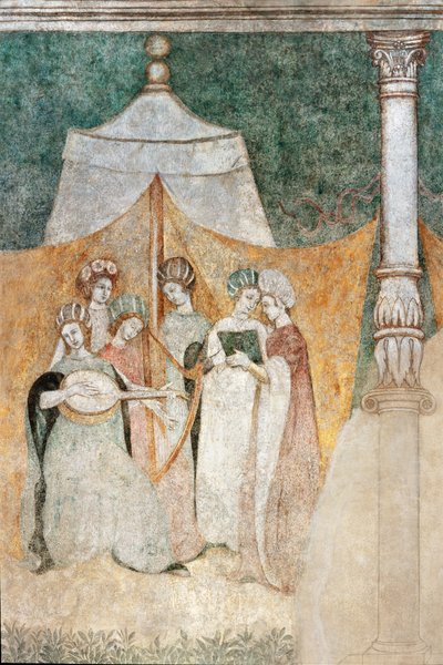 Bicocca degli Arcimboldi: fresco del siglo XV, detalle de mujeres tocando música (fresco) de Italian School