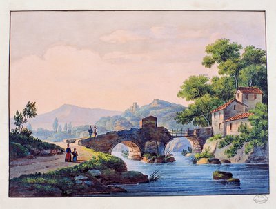 Puente sobre un río, paisaje italiano de Italian School