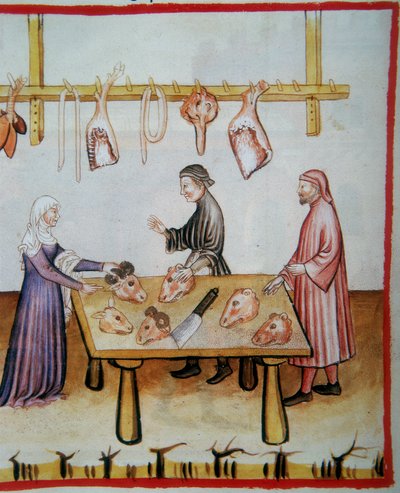Decapitación de animales. Iluminación del Codex Vindobonensis Series Nova 2644 (fol.76v), Tacuinum Sanitatis de Italian School