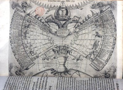 Calendario con signos del zodiaco, principales santos cristianos y símbolos alegóricos, de 