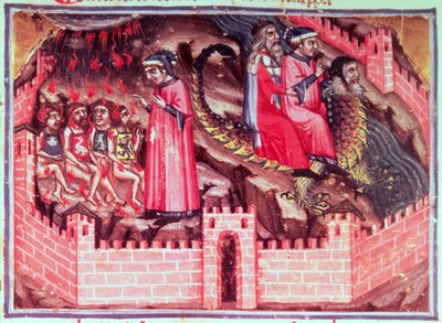Canto XVII Cuatro Sodomitas: Dante y Virgilio cabalgan sobre el lomo de Gerión en el Círculo de los Fraudulentos, de la Divina Comedia (el Infierno), c.1313 de Italian School