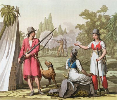 Capitán John Rackham (m.1720) Anne Bonney (m.1720) y Mary Read (m.1720) en las Antillas, c.1820 de Italian School