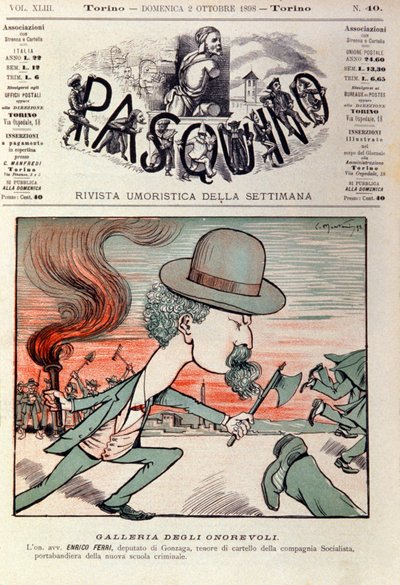 Caricatura de Enrico Ferri (1856-1929) criminólogo y político italiano activista en el Partido Socialista Italiano. Caricatura en “Pasquino” 2 de octubre de Italian School