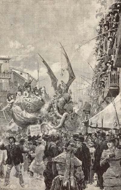 Carros desfilando durante el último día de Carnaval, Nápoles, Italia, grabado de un dibujo de Matania, de L