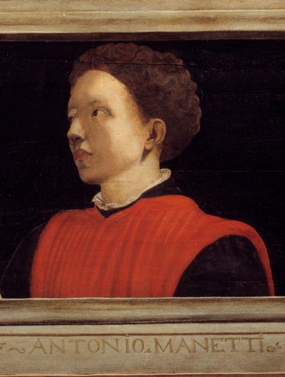 Cassone con 5 retratos del Maestro del Renacimiento Florentino (detalle) con el retrato de Manetti Rutilio di Lorenzo (1571-1639). Escuela italiana del siglo XVI. La inscripción debajo es probablemente sucesiva. Museo del Louvre, París. de Italian School