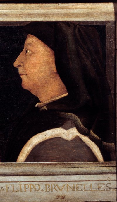 Cassone con 5 retratos del Maestro del Renacimiento Florentino (detalle) con el retrato de Brunelleschi Filippo (1377-1446). Escuela italiana del siglo XVI. La inscripción debajo es probablemente sucesiva. Museo del Louvre, París. de Italian School
