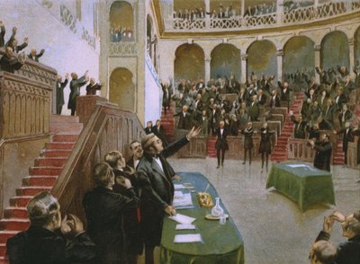 Cavour hace que el primer parlamento nacional italiano aplauda al Rey Víctor Manuel II (1820-78) el 18 de febrero de 1861, ilustración de un álbum sobre la historia del Risorgimento hecho para el chocolate Talmone, finales del siglo XIX de Italian School