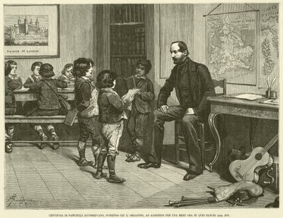 Cientos de niños acudían, dejando el organillo, para sentarse por media hora en esos bancos (grabado) de Italian School