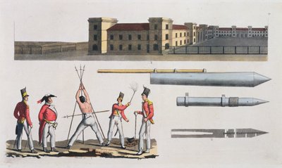 Cuarteles de Chatham, un castigo militar llamado el Triángulo y cohetes Congreve, lámina 17 de La Historia de las Naciones de Italian School