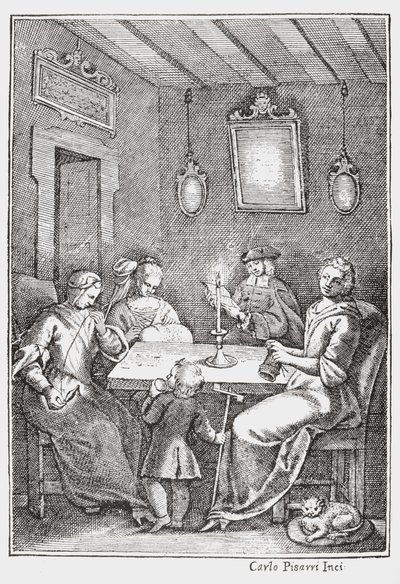 Chiaqlira leyendo cuentos a un grupo de costura, portada de El Pentamerón de Giambattista Basile, 1742 de Italian School