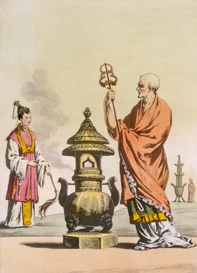 Costumbres religiosas taoístas chinas: Un bonzo en vestiduras ceremoniales, grabado por Fumagalli y Bramatti, c.1820-30 de Italian School