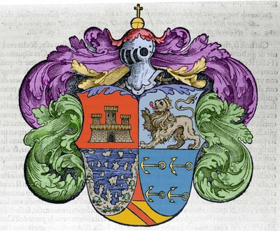 Escudo de armas del navegante Cristóbal Colón (1451-1506): las cuatro partes del escudo representan en la parte superior la ciudad de Castilla y León, abajo las islas descubiertas y los anclas símbolo del almirantazgo. Grabado del libro “Navigationi and Vi de Italian School