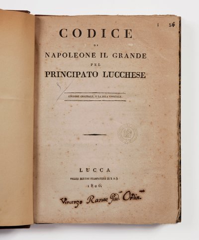 Código de Napoleón el Grande para el principado de Lucca, primera edición oficial, Lucca, Presso Bertini, 1806, y el código rural para los principados de Lucca y Piombino, Lucca, Fr. Bertini, 1807 de Italian School