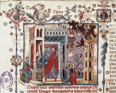 Codices Cavenses, Cod.25 f.181, Simón el Mago, el Emperador Nerón y los Apóstoles, miniatura del Speculum Historiale, Parte I, por Vincent de Beauvais, c.1320 de Italian School
