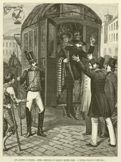 Con acento de triunfo, apenas bajado del carruaje, Mazzini dijo, "La Italia etérea ha sido encontrada" (grabado) de Italian School